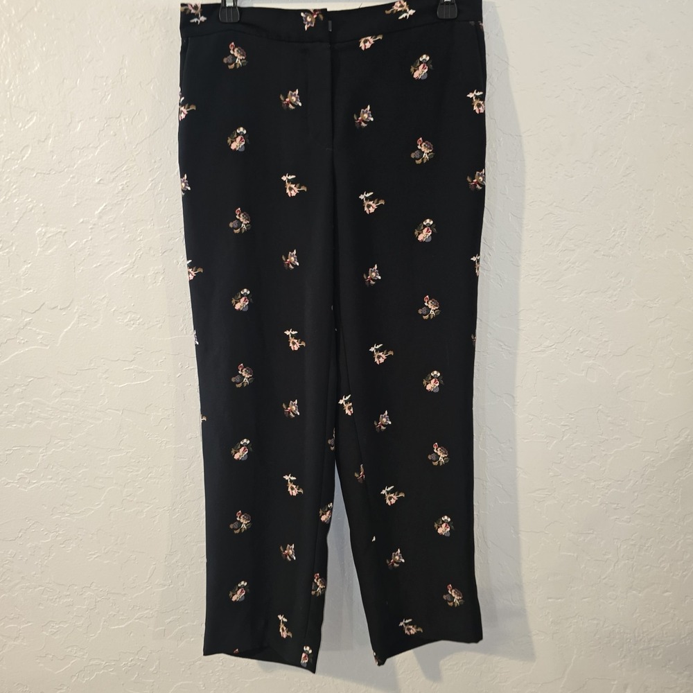 Womens Anne Taylor Petite Loft Black Floral Print SP Flowy straight leg pants